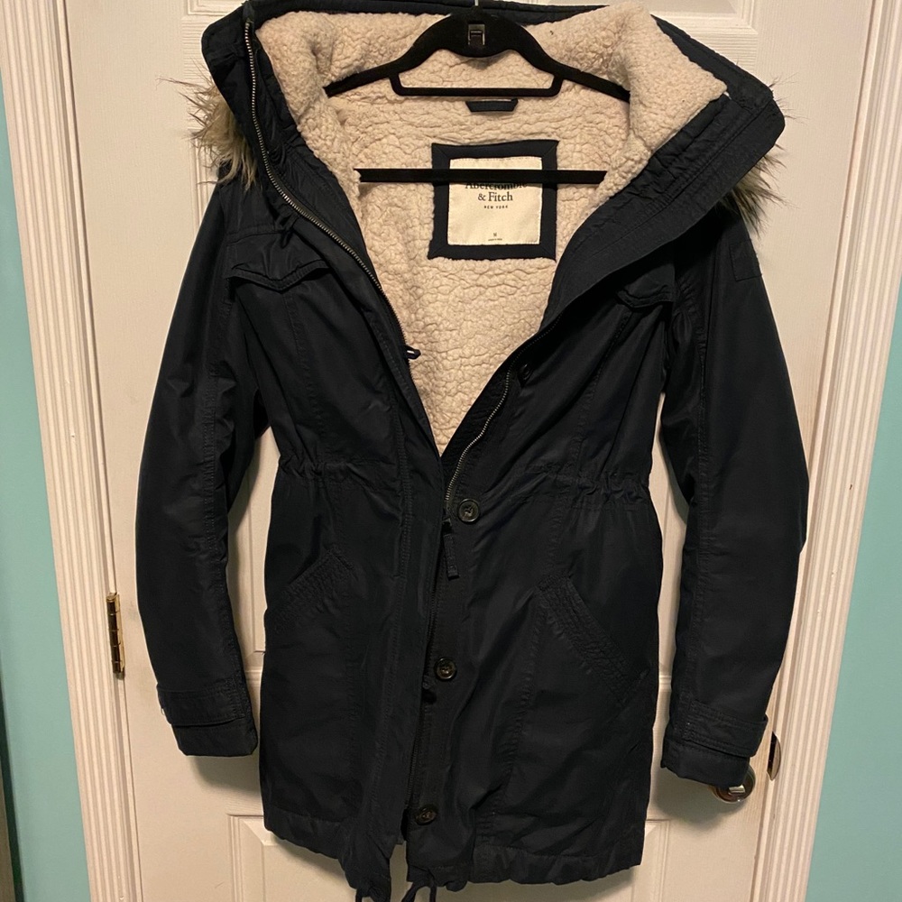 A&F Navy Sherpa Lined Hooded Military Parka